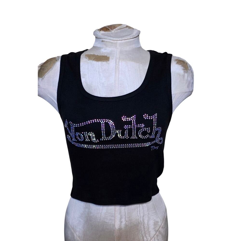 Y2K‎ VTG Von Dutch Tank Top Womens Black Ribbed Cropped Embellished USA NWOT